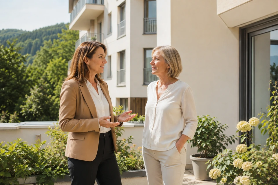 Symbolisches Gespräch einer Verkäuferin mit einer Immobilieneigentümerin